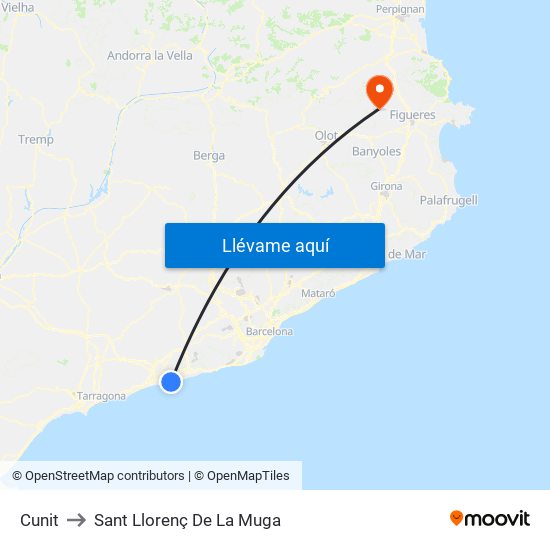 Cunit to Sant Llorenç De La Muga map