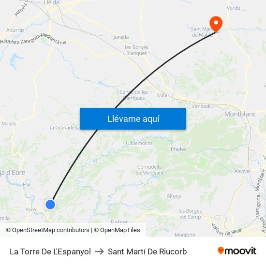 La Torre De L'Espanyol to Sant Martí De Riucorb map