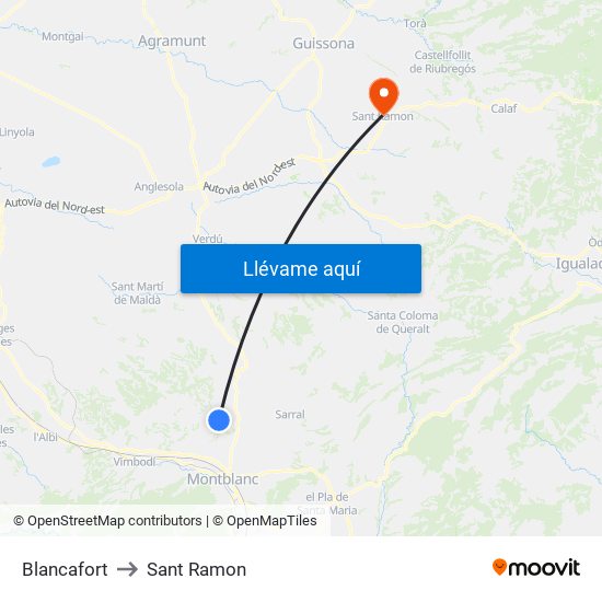 Blancafort to Sant Ramon map