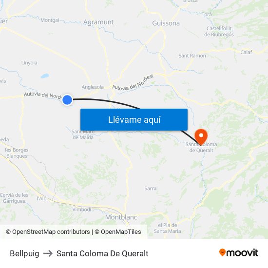 Bellpuig to Santa Coloma De Queralt map