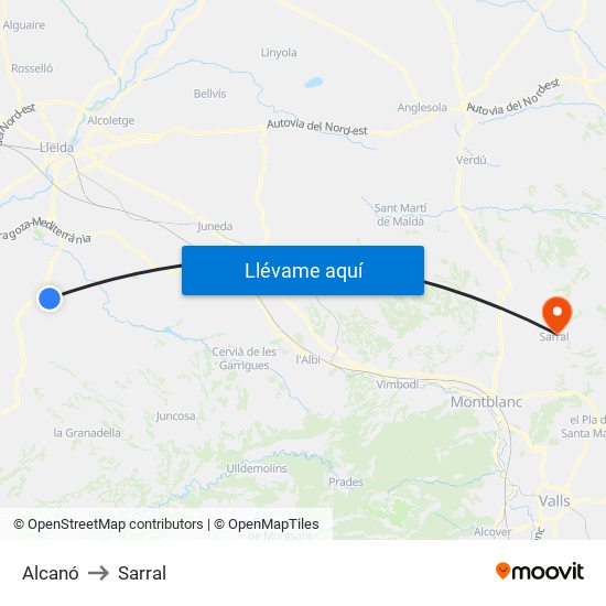 Alcanó to Sarral map