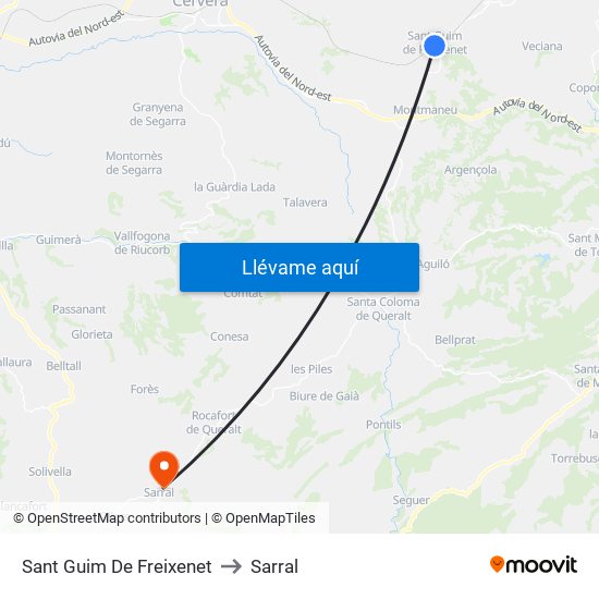 Sant Guim De Freixenet to Sarral map
