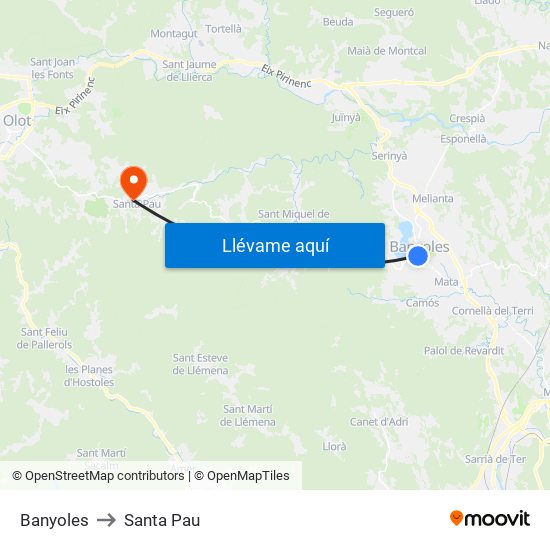 Banyoles to Santa Pau map