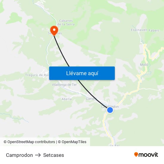 Camprodon to Setcases map