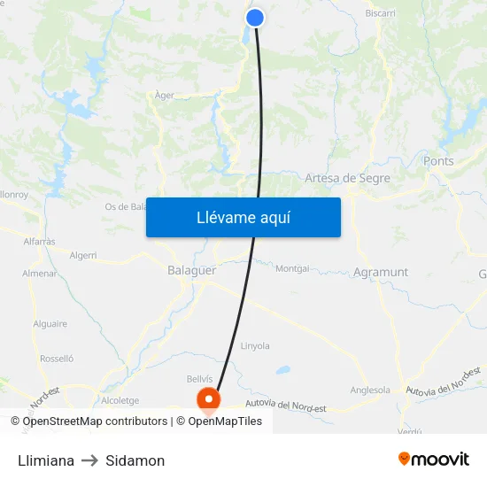Llimiana to Sidamon map