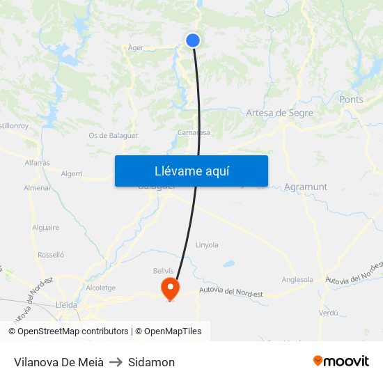 Vilanova De Meià to Sidamon map
