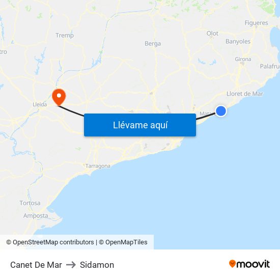 Canet De Mar to Sidamon map
