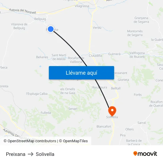 Preixana to Solivella map