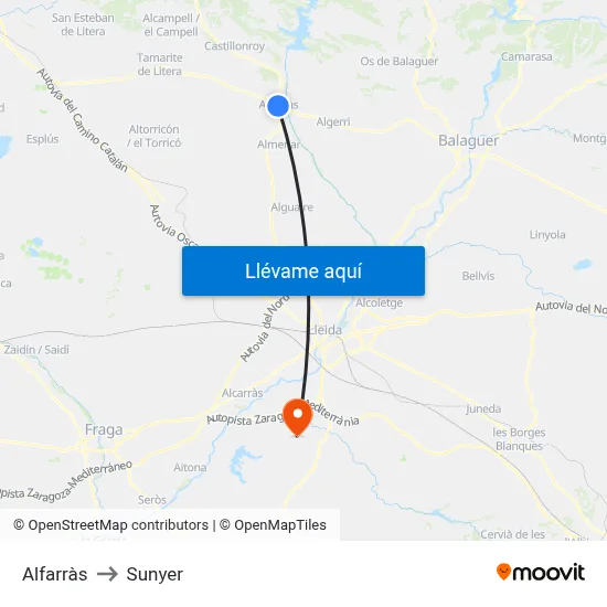 Alfarràs to Sunyer map