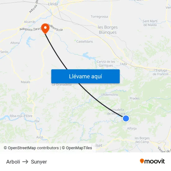 Arbolí to Sunyer map