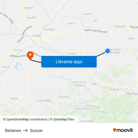 Belianes to Sunyer map