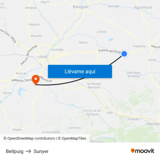 Bellpuig to Sunyer map