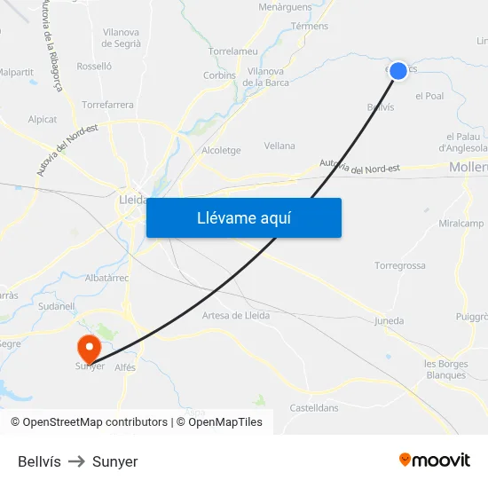 Bellvís to Sunyer map