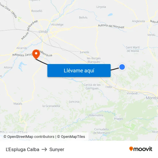 L'Espluga Calba to Sunyer map