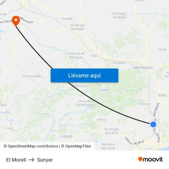 El Morell to Sunyer map