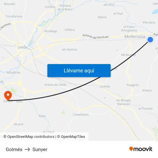 Golmés to Sunyer map