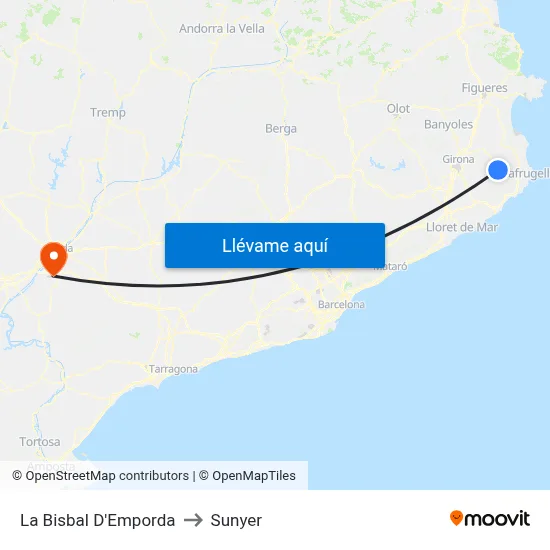 La Bisbal D'Emporda to Sunyer map