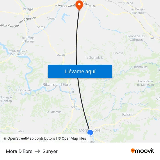 Móra D'Ebre to Sunyer map