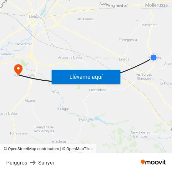 Puiggròs to Sunyer map