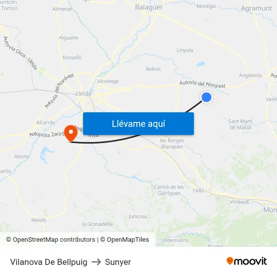Vilanova De Bellpuig to Sunyer map