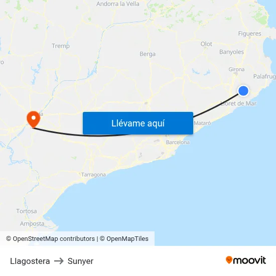 Llagostera to Sunyer map