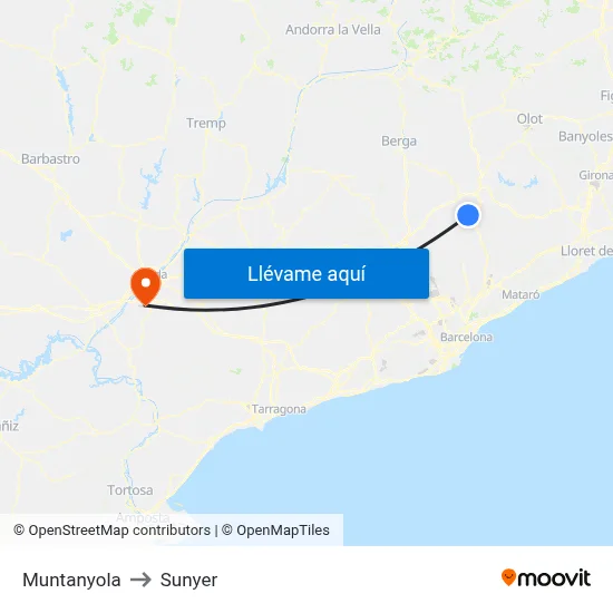 Muntanyola to Sunyer map