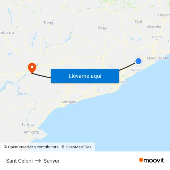 Sant Celoni to Sunyer map