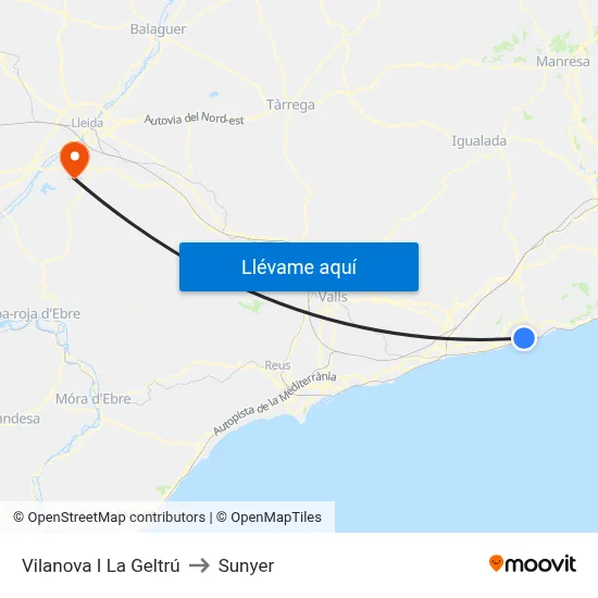 Vilanova I La Geltrú to Sunyer map