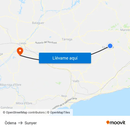 Òdena to Sunyer map