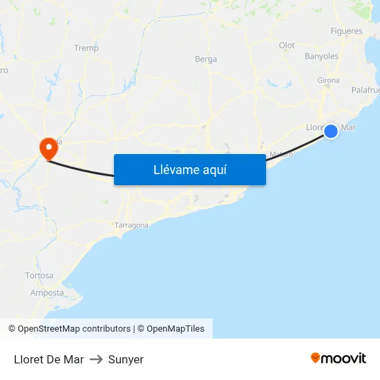 Lloret De Mar to Sunyer map