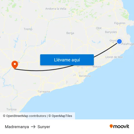 Madremanya to Sunyer map