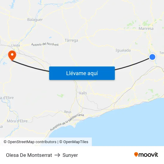 Olesa De Montserrat to Sunyer map