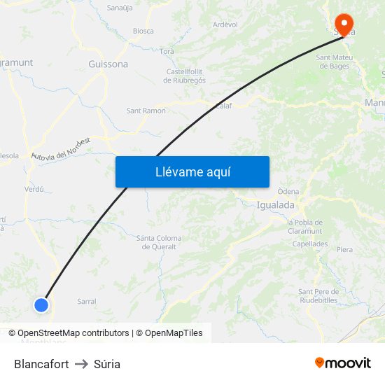 Blancafort to Súria map