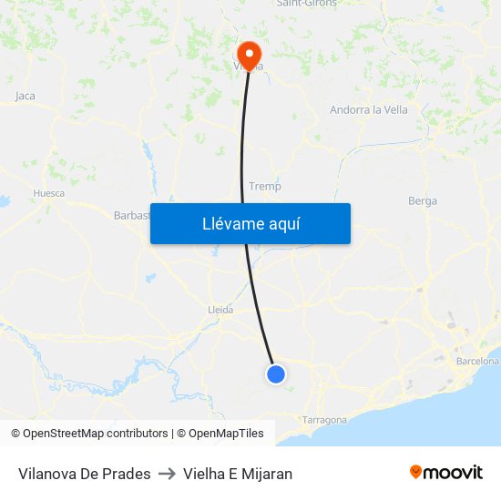 Vilanova De Prades to Vielha E Mijaran map