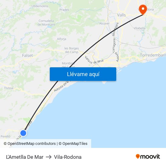 L'Ametlla De Mar to Vila-Rodona map