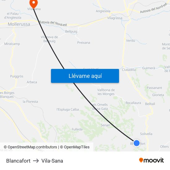 Blancafort to Vila-Sana map