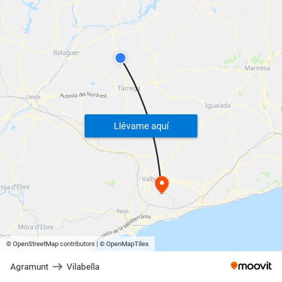 Agramunt to Vilabella map
