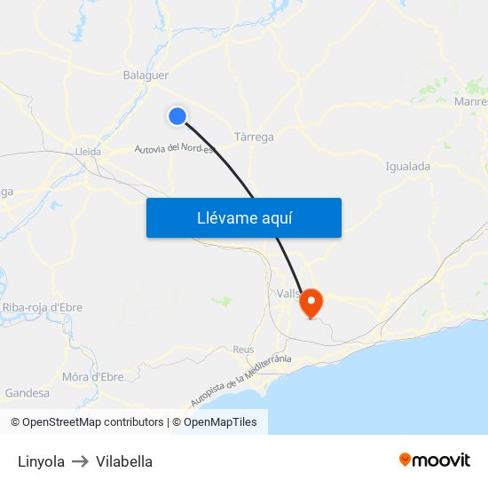 Linyola to Vilabella map