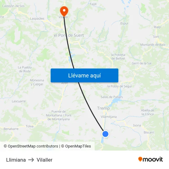 Llimiana to Vilaller map