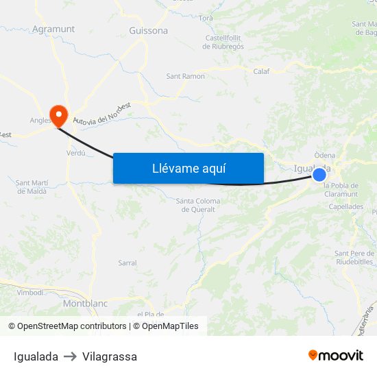 Igualada to Vilagrassa map