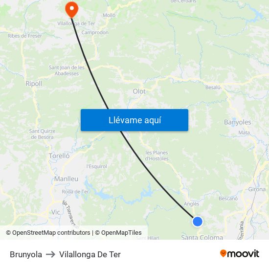 Brunyola to Vilallonga De Ter map