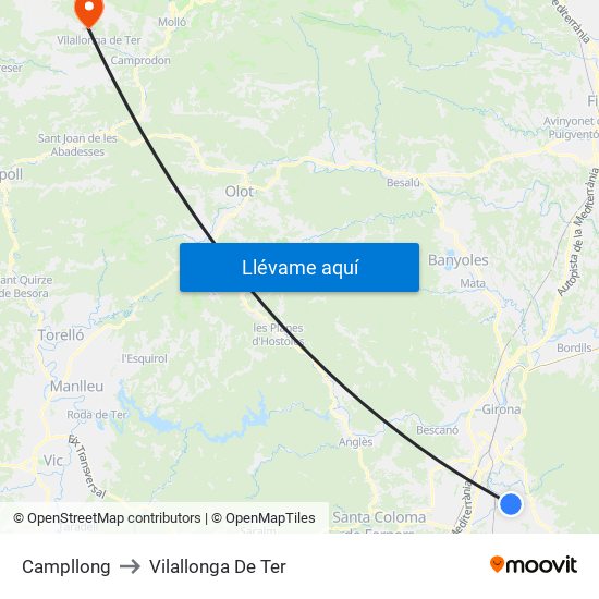 Campllong to Vilallonga De Ter map