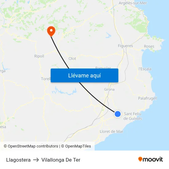 Llagostera to Vilallonga De Ter map