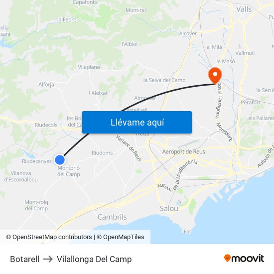 Botarell to Vilallonga Del Camp map