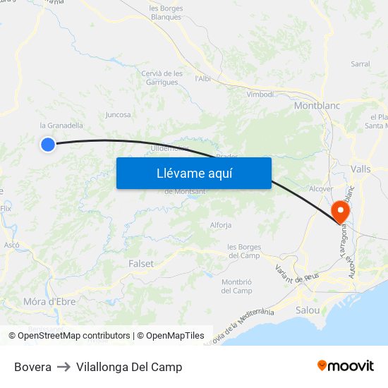 Bovera to Vilallonga Del Camp map