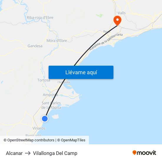 Alcanar to Vilallonga Del Camp map