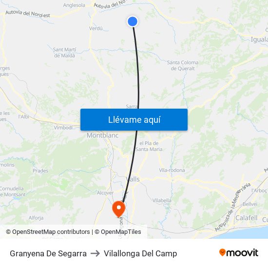 Granyena De Segarra to Vilallonga Del Camp map