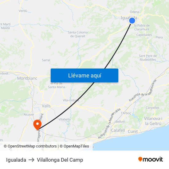 Igualada to Vilallonga Del Camp map