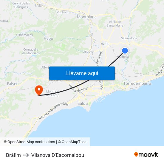 Bràfim to Vilanova D'Escornalbou map