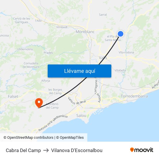 Cabra Del Camp to Vilanova D'Escornalbou map